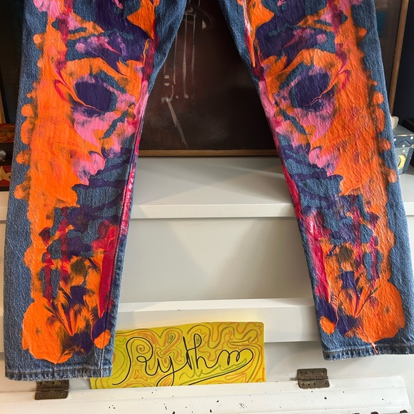 Levi's 501’s Blue and Pink Painted Artistic Straight Leg Jeans W26" X L28" - Picture 12 of 16